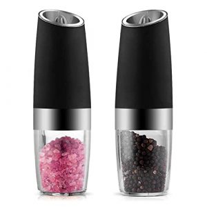 Electric Pepper Grinder Salt Mill Gravity Control Shaker Automatic Operated Battery Powered Large Capacity Transparent Lid Adjustable Coarseness with Led Light (2, Black)