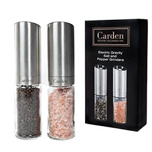Carden Kitchen Electric, Stainless Steel, Gravity Salt and Pepper Grinder Set of 2, Automatic Battery Powered, Adjustable Coarseness, One-Handed Operation, Professional Quality, Easy to Use
