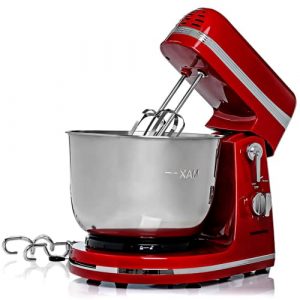 Ovente Electric Kitchen Stand Mixer with 3.7 Quart Portable Stainless Steel Mixing Bowl 6 Speed Control, 300 Watt Power 2 Blender Attachment Beater & Dough Hook Easy for Whip Mix & Blend, Red SM880RI