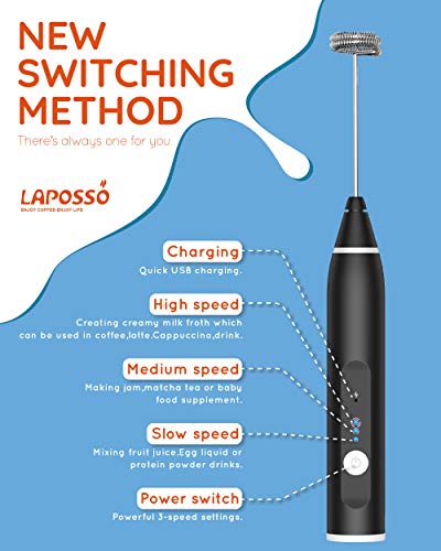 Laposso Milk Frother Rechargeable Handheld, Electric Whisk Coffee Frother Mixer with 3 Stainless whisks, 3-Speed Adjustable Foam Maker Blender for Coffee Matcha Latte Cappuccino Hot Chocolate