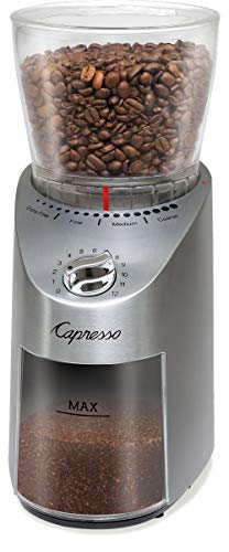Capresso 575.05 Infinity Conical Burr Grinder, Stainless Steel Bundle with Capresso East Coast Blend Coffee Beans and Coffee Grinder Dusting Brush (3 Items)