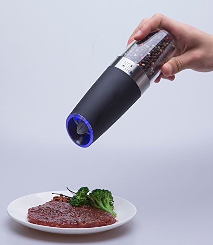 Electric Gravity Pepper Grinder or Salt Mill with Adjustable Coarseness Automatic Pepper Mill Grinder Battery Powered with Blue LED Light,One Hand Opetated Brushed Stainless Steel by CHEW FUN