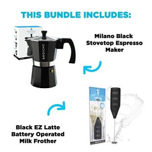 GROSCHE Milano Stove top espresso maker (9 espresso cup size 15.2 oz) Black, and battery operated milk frother bundle for lattes