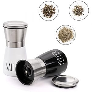 Tebery 2 Pack Farmhouse Salt and Pepper Mills Set Stainless Steel with Adjustable Ceramic Grinder, 3/4 Cup Spice Ceramic Grinders Mill Shaker for Kitchen Table(BK/ White)