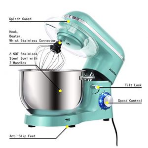 Aucma Stand Mixer,6.5-QT 660W 6-Speed Tilt-Head Food Mixer, Kitchen Electric Mixer with Dough Hook, Wire Whip & Beater (6.5QT, Blue)