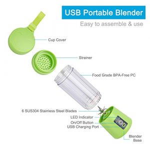 Portable Blender, Personal Size Blender Shakes and Smoothies, Mini Juicer Cup USB Rechargeable, Handheld Travel Blender Fruit Mixer 380ml (Green)