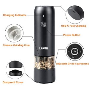 Electric Salt and Pepper Grinder, USB Rechargeable Automatic Black Pepper Mill, Refillable & Adjustable Coarseness Sea Salt Peppercorn Grinder with LED Light