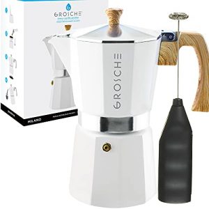 GROSCHE Milano Stove top espresso maker (9 espresso cup size 15.2 oz) White, and battery operated milk frother bundle for lattes