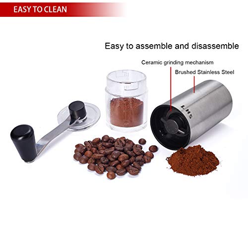LHS Manual Coffee Grinder with Ceramic Conical Burr Stainless Steel Hand Crank Mill for Drip Coffee, Espresso, French Press, Turkish Brew
