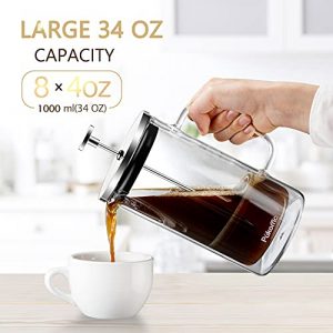 French press coffee maker(34oz/1000ml),304stainless steel,High borosilicate glass,Four layer filtration system,no grounds,one color