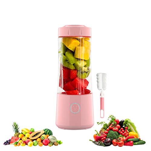 Portable Blender, Handheld USB Rechargeable Multifunctional Fruit Juicer Machine Mixer Bottle, Personal Blender with Six Blades, Household Squeezer Kitchen Tool (Pink)