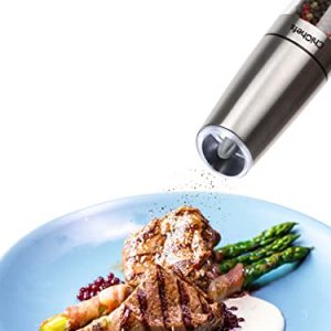 Gravity Electric Salt and Pepper Grinder Set, Automatic Salt and Pepper Mill Grinder, Battery Operated with White LED Light, Adjustable Coarseness, One Handed Operatione, Stainless Steel by ChiChefs