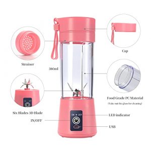 Portable Blender Cup,Electric USB Juicer Blender,Mini Blender Portable Blender For Shakes and Smoothies, juice,380ml, Six Blades Great for Mixing,pink