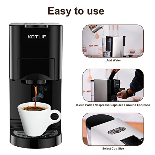 Capsule Coffee Maker, KOTLIE 3 in 1 Mini Espresso Machine, Coffee Brewer with Self-Cleaning Function, Compatible with K-Cup Pods Nespresso Capsules and Coffee Grounds, 19 Bar, 27oz, 1450W, Black