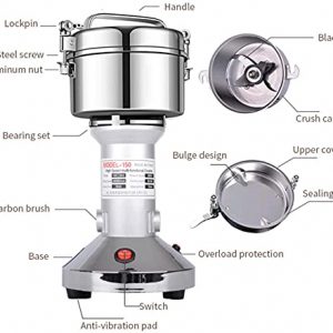 Grain Mill 150g High Speed Food Electric Stainless Steel Grinder Mill Seeds Flour Nut Pill Wheat Corn Herbs Spices & Seasonings Grinder Dry Grain Superfine Powder Machine(150g Stand Type)