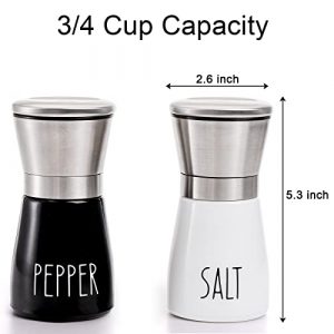 Tebery 2 Pack Farmhouse Salt and Pepper Mills Set Stainless Steel with Adjustable Ceramic Grinder, 3/4 Cup Spice Ceramic Grinders Mill Shaker for Kitchen Table(BK/ White)