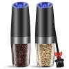 MOVNO Gravity Electric Salt and Pepper Grinder Set of 2 with Blue LED Light, Battery Powered Pepper Automatic Mill Grinder with a Brush, Adjustable Coarseness, One Hand Operation, Black 2 pack