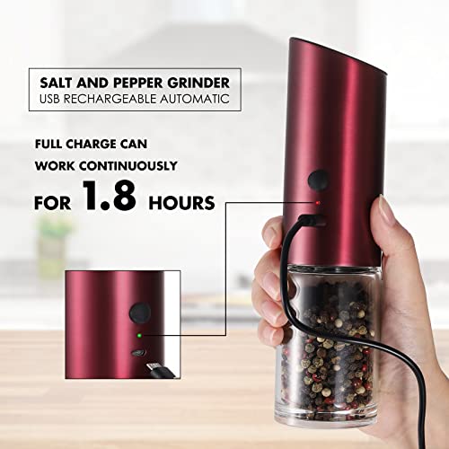 Vzaahu Gravity Electric Pepper and Salt Grinder Set of 2 - Rechargeable, Refillable, Adjustable Coarseness, Stainless Steel Salt Pepper Mill with LED light - One Hand Operation, Red