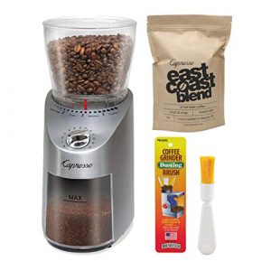 Capresso 575.05 Infinity Conical Burr Grinder, Stainless Steel Bundle with Capresso East Coast Blend Coffee Beans and Coffee Grinder Dusting Brush (3 Items)