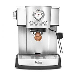 brim 15 Bar Espresso Machine, Cappuccino, Americano, Latte and Espresso Maker, Milk Steamer and Frother, Removable Parts for Easy Cleaning, Stainless Steel/Wood Accents, wood finish handle (50030)