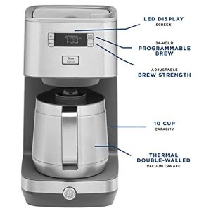 GE Drip Coffee Maker With Timer | 10-Cup Thermal Carafe Coffee Pot Keeps Coffee Warm for 2 Hours | Adjustable Brew Strength | Wide Shower Head for Maximum Flavor | Kitchen Essentials | Stainless Steel