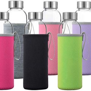 Glass Water Bottles 6 Pack With Sleeves and Stainless Steel Lids - 18oz Size - Leak Proof Caps, Reusable and Perfect For Travel and Storing Beverages Juice, Smoothies, Kombucha, Kefir, Tea