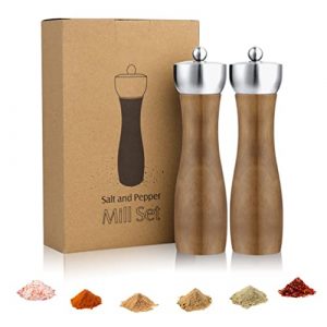 Wooden Salt Pepper Grinder Set - Wood Refillable & Adjustable Mill Large Tall Peppermill Tray Modern Manual Peppercorn Coarse Shaker with Ceramic Mechanism Crusher Professional Rustic