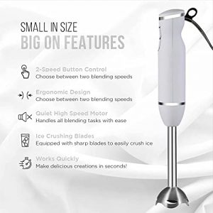 Chefman Immersion Stick Hand Blender with Stainless Steel Shaft & Blades Powerful Ice Crushing 2-Speed Control Handheld Mixer, Purees Smoothie, Sauces & Soups, 300 Watts, Ivory