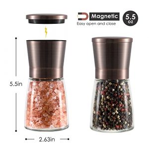 Vzaahu Salt and Pepper Copper Grinders, Set of 2 Refillable Bronze Brass, Salt Mill Pepper Spice Grinder with Magnetic Lids Adjustable Coarseness, Ceramic Core, Kitchen Gift