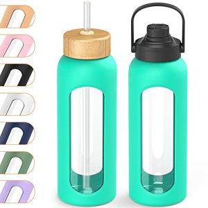 Kodrine 32oz Borosilicate Glass Water Bottles with Spout Lid,Leakproof Wide Mouth Motivational Water Bottle with Silicone Sleeve,BPA Free Green-1 Pack