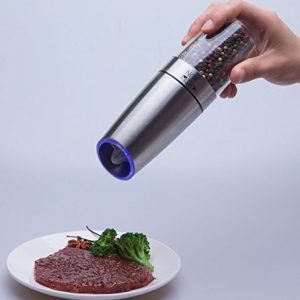 Gravity Electric Salt and Pepper Grinder Set with Adjustable Coarseness Automatic Pepper and Salt Mill Battery Powered with Blue LED Light,One Hand Operated,Brushed Stainless Steel by CHEW FUN