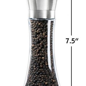 Levav Premium Salt and Pepper Grinder Set of 2- Brushed Stainless Stell Pepper Mill and Salt Mil, Glass Body, Size Grade adjustable ceramic rotor-salt and pepper shakers (tall)