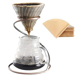 Pour Over Coffee Maker Set – Includes Glass Coffee Dripper, Metal Dripper Stand, Heat Resistance 600ml Coffee Server and 40 Count Paper Coffee Filters, 4 in 1 Set for Home or Office (Bronze Set)