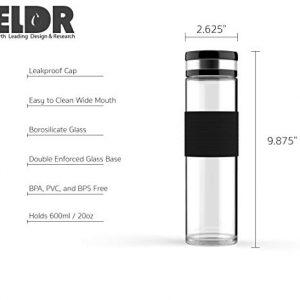 ELDR Supply 20oz Glass Water Bottle, Easy to Clean Wide Mouth, Silicone Sleeve, Leak Proof Twist Cap, Handmade Clear Borosilicate Glass, 1-Pack (600ml / .6 liter)