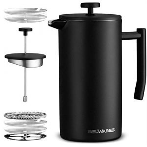 Large French Press Coffee Maker - 50oz, 1.5L Double Wall 304 Stainless Steel Coffee Press - 4 Level Filtration System with 2 Extra Filters, Black