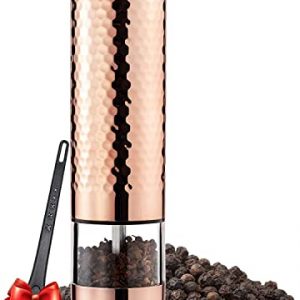 Delihom Electric Pepper Grinder, Battery Operated Hammered Copper Pepper Mill with Light, Automatic One Handed Push Button Peppercorn Grinders (Single)