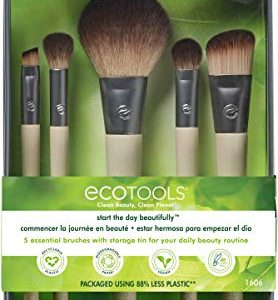 EcoTools Makeup Brush Set for Eyeshadow, Foundation, Blush, and Concealer with Bonus Storage Case, Start the Day Beautifully, Travel Friendly, 6 Piece Set