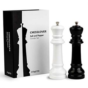 Chesslover Salt and Pepper Grinder Set – Manual Wood Mills with Unique Decorative Chess Design, Adjustable Coarseness, 8 Inch