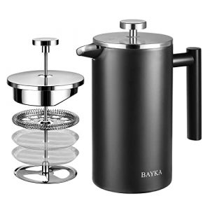 BAYKA 34 Oz French Press Coffee Maker, 304 Grade Stainless Steel, Double Wall Insulated Coffee Press for Home Office, 4-Level Filtration Systems, Dishwasher Safe, Black