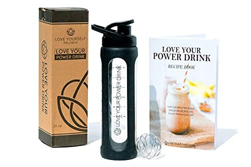 Love Yourself Wellness Shaker w/ Lid (20oz)- Glass Shaker Bottle for Protein Mixes - Mixer Bottle w/ Recipe E-Book- BPA Free, Leakproof Smoothie Shaker Blender Bottle – Perfect for Protein Shakes & Pre-Workout to help you Lose or Gain Weight!