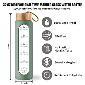 AQULEA 32 Oz Borosilicate Glass Water Bottle with Times to Drink - Wide Mouth BPA Free Glass Motivational Water Bottles with Silicone Sleeve, Bamboo Lid, Fruit Infuser, and Bonus Brush