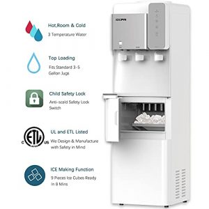 SOOPYK Top Loading Water Dispenser with Ice Maker, for 3-5 Gallon Bottle, 27 lbs in 24 hrs, 9 Ice Cubes Per 5-6 Mins, Compact Water Cooler Dispenser with Child Safety Lock