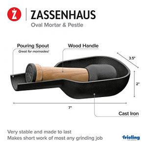 Zassenhaus Oval Cast Iron Mortar & Pestle with Pouring Spout, 7", black