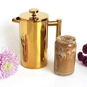 Vivine French Press Stainless Steel Double Walled Insulated Large 1L / 4 Cups of Coffee Lavish Gold Mirror Finish With Coffee Grounds Scoop 1 Tablespoon Dishwasher Safe