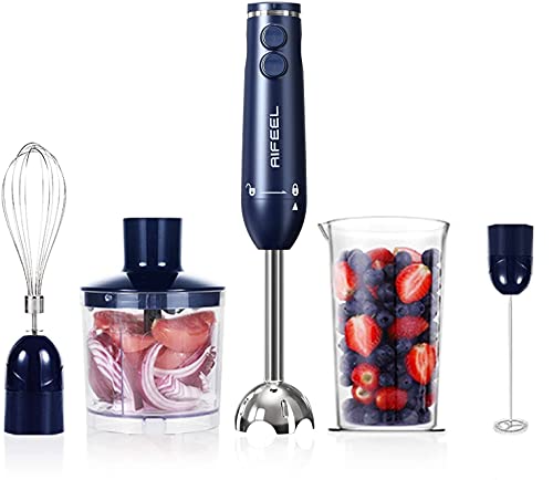 Hand Blender - 500 Watt Immersion Electric Stick Blender Set with 500ML Food Processor, 600ML Measuring Cup, SUS blending attachment and Wire Whisk - Blue (Classical Type)