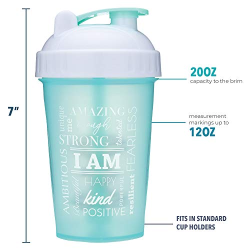 20-Ounce Shaker Bottle with Action-Rod Mixer | Shaker Cups with Motivational Quotes | Protein Shaker Bottle is BPA Free and Dishwasher Safe | I Am - Mint - 20oz