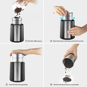 QUELLANCE Electric Coffee Grinder, Stainless Steel Blades Coffee and Spice Grinder with 2.5 Ounce Removable Cup, Powerful 200W