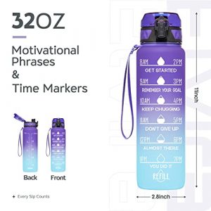 Elvira 32oz Motivational Fitness Sports Water Bottle with Time Marker & Removable Strainer,Fast Flow,Flip Top Leakproof Durable BPA Free Non-Toxic-Grape/Green Gradient
