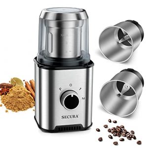 Secura Coffee Grinder Electric, Spice Grinder Electric, Coffee Bean Grinder, Dry & Wet Grinders for Spices, Herbs, Nuts, Grains with 2 Stainless Steel Blades Removable Bowls