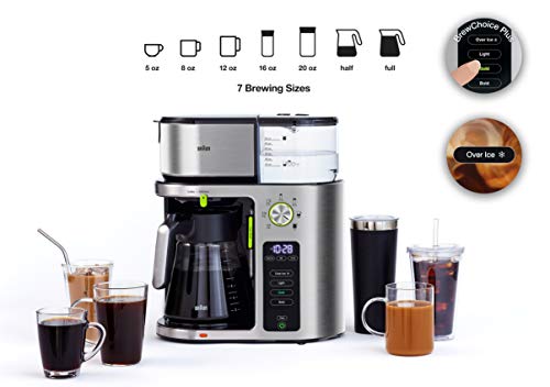 Braun MultiServe Coffee Machine 7 Programmable Brew Sizes / 3 Strengths + Iced Coffee, Glass Carafe (10-Cup), Stainless Steel, KF9070S